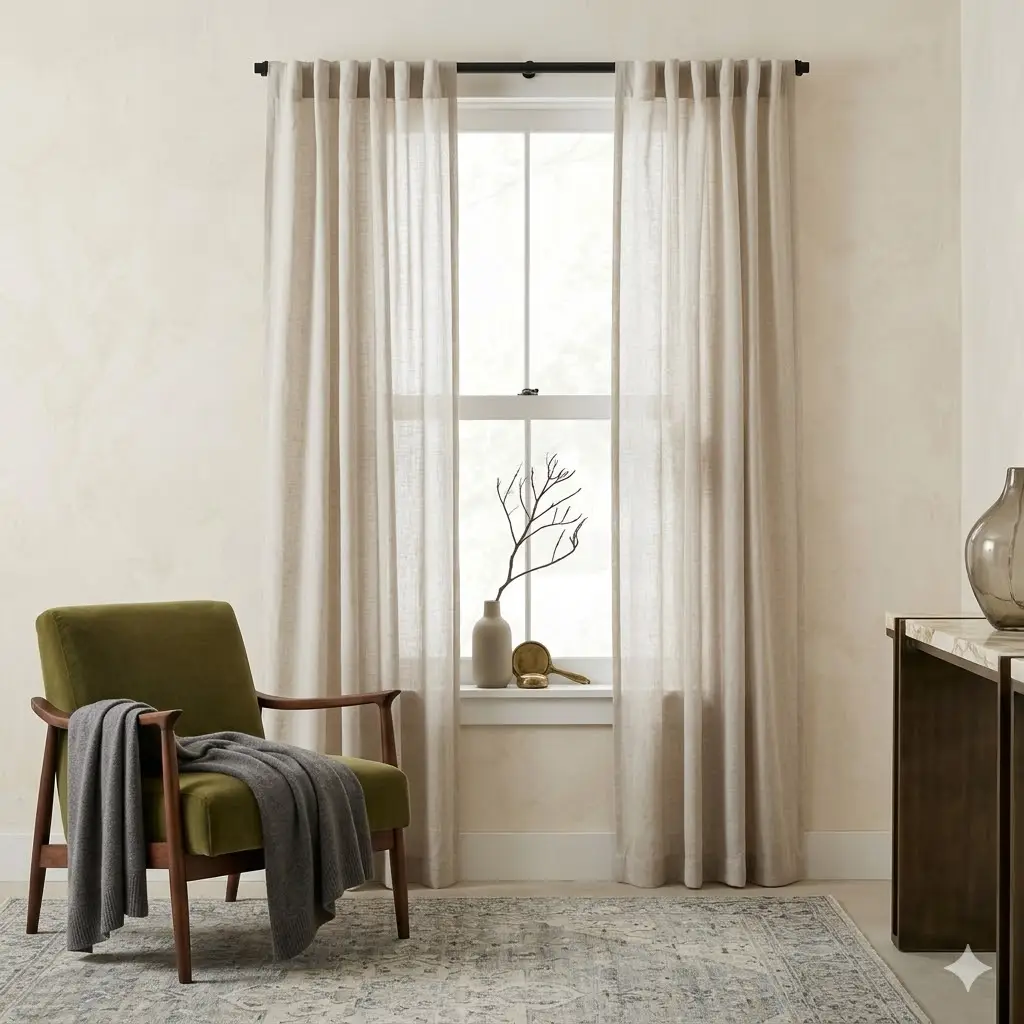 gorden kain linen warna beige di ruang tamu minimalis